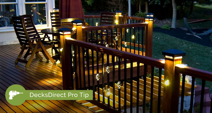 Dekor Single Basket Baluster with Light and Double Basket Baluster with Lights installed beautifully on a hardwood deck add a delicate touch of light throughout the night