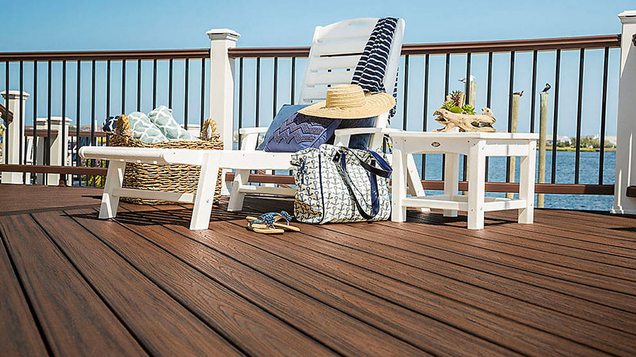 A close-up of Trex composite decking on a beautiful lakeside deck
