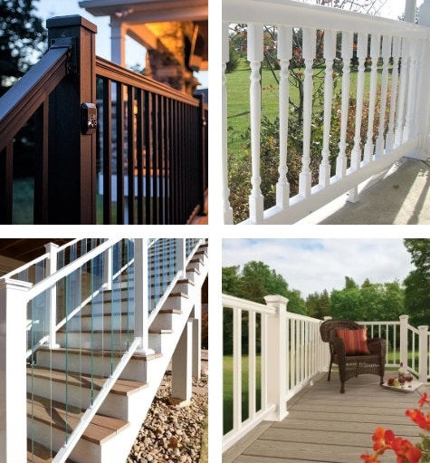 Four images of deck railing that show how color and style can enhance the look and value of your home.